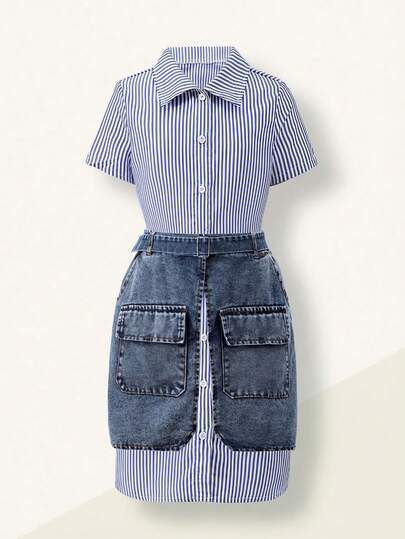 Casuvi Kids Tween Girls' Striped Shirt Dress With Denim Patchwork Design, Suitable For School, Vacation, Daily Wear, Family Gathering, Outdoor Activities, Versatile Dress For Various Occasions