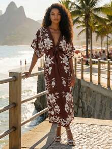 Women's Summer Vacation Floral Print Deep V-Neck Tie Front Batwing Sleeve Dress - Brown - View 3
