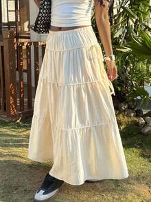 Livesso Chân váy dài trơn màu thường ngày dành cho nữ - Màu be - Xem 6