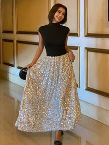 DAZY High Neck Cinched Waist Sequin Embellished Midi Dress For Women Sparkly Dress Sundress - Silver - View 1