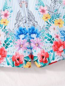 SHEIN Sparklyn 1 pieza Mono con estampado, manga corta, volantes en el bajo, diseño de botones falsos, color azul y blanco, adecuado para viajes, vacaciones o ropa de playa, primavera/verano - Azul - Ver 6