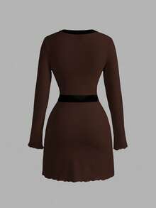SHEIN MOD Women's Elegant Dark Brown Autumn Dress,Contrast Trim Pearl Button Decor Bow Tie Waist Fitted Long Sleeve Coffee Brown Tea Party Dresses For Women - Coffee Brown - View 2