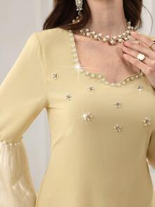 Elegant Women's Party Dress With Beaded & Rhinestone Embellished Square Neck, Lantern Sleeves, Fitted Silhouette And Back Slit - Yellow - View 3