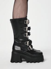 ROMWE Grunge Punk 女士靴子 - 2025 新款，英伦风深色 PU 铆钉搭扣方头厚底中筒摩托车靴，冬季骑行靴 - 黑色 - 查看 4