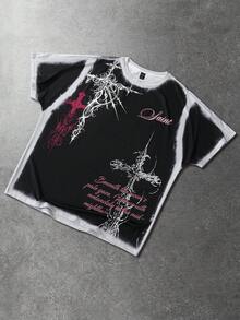 ROMWE MEN Áo thun nam tay ngắn phong cách đường phố punk, họa tiết chữ thập và khẩu hiệu, chất liệu vải mài, thích hợp cho mùa hè. - màu đen - Xem 1
