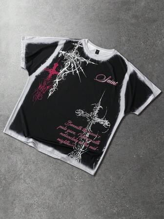 maglietta casual da uomo, stile moda di strada punk, con stampa di croci e slogan, lavata, a maniche corte, estiva