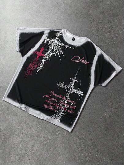 Herren Lässig Fashion Street Punk Stil Kreuz & Slogan Muster Verwaschen Kurzarm T-Shirt, Sommer