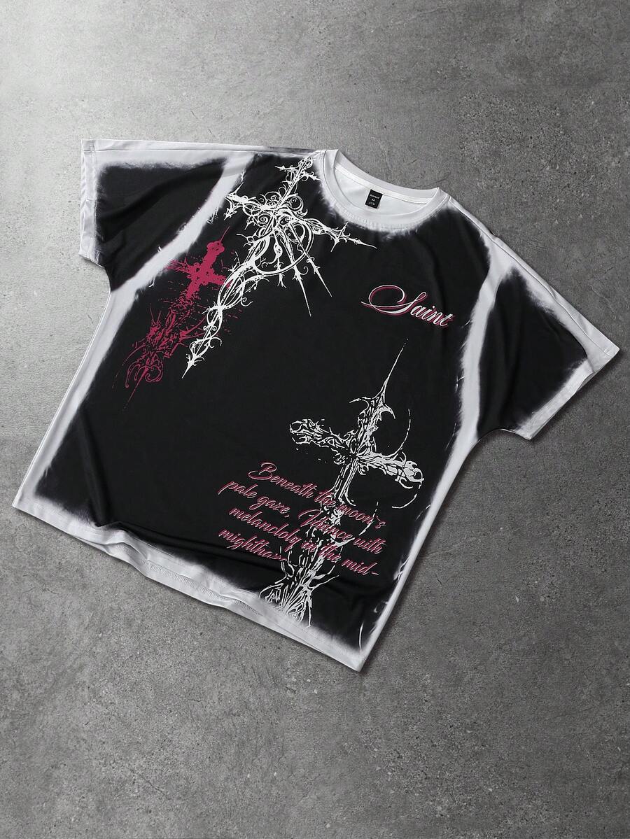 ROMWE MEN Áo thun nam tay ngắn phong cách đường phố punk, họa tiết chữ thập và khẩu hiệu, chất liệu vải mài, thích hợp cho mùa hè. - màu đen - Xem 1