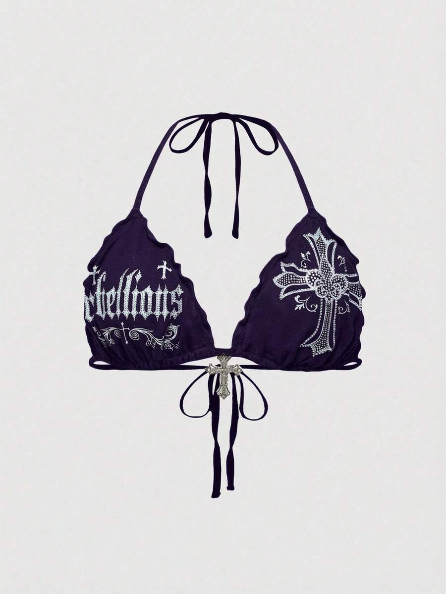 ROMWE Grunge Punk Blusa corta con espalda descubierta, cruzada y con estampado de cristales, de estilo gótico y sexy, para mujer de talla grande, para el verano - Morado - Ver 1