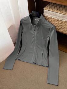 Dazy Kids 少女拉链修身长袖外套，秋季基础款修身休闲外套 - 灰色 - 查看 5