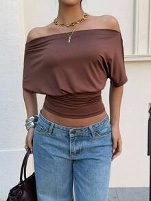 Siren Gaze Women's Off Shoulder Short Sleeve Top, Open Shoulder One-Piece T-Shirt, Versatile Wear - Brown - View 6