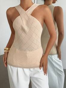 Selianne Elegant Casual Loose Comfortable Apricot Criss-Cross Diamond Pattern Knit Pullover Sweater, Spring/Summer - Apricot - View 3