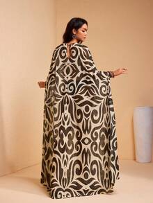 JIAN LASALA 全身印花透明网纱圆领超大披肩式女士长款连衣裙晚礼服奢华款 - 棕色 - 查看 2