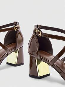 CUCCOO BIZCHIC Giày nữ mũi nhọn, đế dày, gót trung bình, màu nâu bóng, quai chéo, khoét lỗ, giày cao gót nữ thời trang, thoải mái, phù hợp đi làm, công sở, đa năng, giày khoét lỗ nữ cho ngày Valentine - Màu cà phê - Xem 8