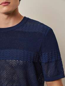 RONVEXI Camiseta casual de punto de cuello redondo de manga corta y unicolor holgada para hombre - azul real - Ver 2