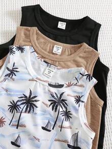 SHEIN 3pcs/Set Young Boy Casual Vacation Style Palm Tree Print Sleeveless Loose Knit Tank Top Set, Suitable For School, Vacation, Spring And Summer - Khaki - View 3