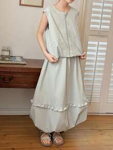 DAZY 少女纯色无袖背心+半裙两件套，秋夏季 - 灰色 - 查看 2