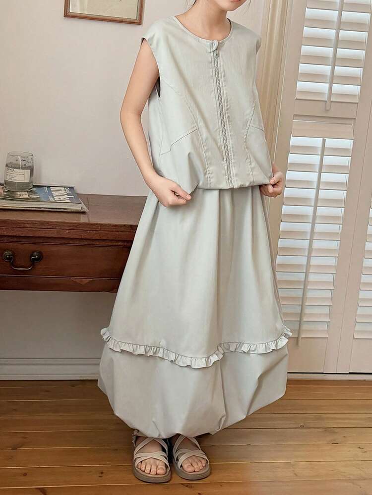 Tween Girls Solid Color Sleeveless Vest + Skirt 2-Piece Set, Fall Summer