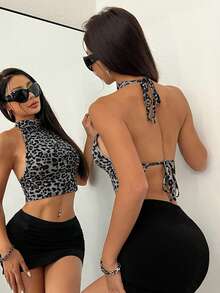 EgrlEra Women's Halter Neck Tied Back Leopard Print Tank Top, Casual Beach/Holiday Graphic Cheetah Print Tees Women Tops Backless Tops - Light Grey - View 2