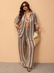 Elaquor Plus Size Striped Print Elastic Waist Casual Cover-Up Pants , Spring - Multicolor - View 5