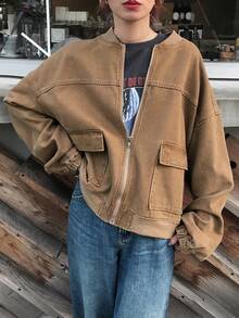 FRIFUL Women's Solid Color Drop Shoulder Long Sleeve Zip-Up Short Denim Jacket, Fashionable & Versatile Loose Fit - Khaki - View 4