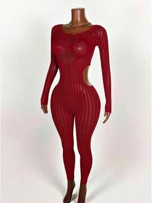 Mistrie Bộ jumpsuit dài tay cổ tròn khoét eo màu trơn gợi cảm dành cho nữ, thích hợp cho hẹn hò hoặc dự tiệc. - Màu Đỏ Sâu - Xem 5