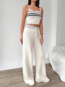SHEIN White Stripe Knit Top And Pant Knit Set - White - View 4