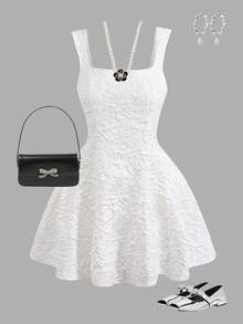 SHEIN Teen Girls' Elegant White Jacquard Square Neck A-Line Sleeveless Dress White Dress Teen Girl Korean Cut Dress Cute For Teens White,Kids - White - View 3