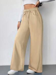 SHEIN Tall 女士休闲高腰阔腿牛仔裤 蓝色女士牛仔裤 女士夏季服装 松紧腰牛仔裤 休闲宽松直筒牛仔裤 - 卡其色 - 查看 4