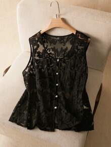 Elaquor Plus Size Women Black Lace Top,Elegant Formal V-Neck See Through Blouse,Summer Evening Wedding Guest Vest,Faux Pearl Single-Breasted Floral Patchwork - Black - View 3