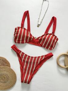 Swim Mod 夏季女士两件套泳衣，条纹纹理面料，加宽肩带，蜗牛图案比基尼泳裤 - 玫紅色 - 查看 4