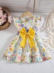 Souflis Souflis 1pc Baby Girls' Summer New Round Neck Dress, Cute Rabbit & Floral Print, Ruffle Trim, Elastic Waist, Big Bow Decor, Simple & Versatile Holiday Dress - Yellow - View 3