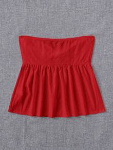 SHEIN EZwear 波希米亞風可愛紅色夏季度假鏤空刺繡扭轉前襟鏤空荷葉邊抹胸上衣，女款無肩帶心形領洋裝上衣 - 紅色 - 查看 2