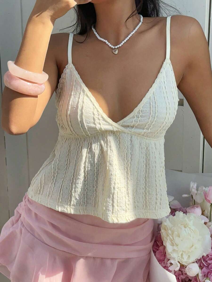 MainGRL Vacation Casual Yellow Knit Tuxtured Camisole For Women,Valentine's Day - Beige - View 1