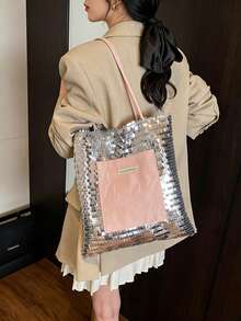 Joivida 1 件装女士闪亮亮片 PU 手提包大容量多功能单肩包，适合日常通勤、休闲旅行，是情人节、新年、开学季的理想礼物（蓝色/粉色） - 彩色 - 查看 16
