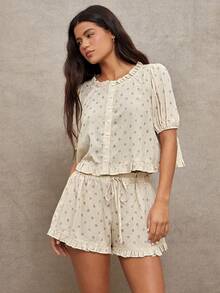 WESTFADE Conjunto a juego de blusa con mangas abullonadas y botones delanteros a cuadros y shorts sueltos con volantes y lazo delantero - Marrón - Ver 5