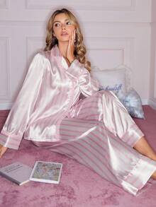 Sweet Pink Striped Heart Lace Patchwork Long Sleeve Collar Women Pajama Set