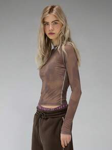 COUREZ 长袖印花迷彩网眼上衣 / Y2K 长袖上衣 外出上衣 女式上衣 冬季女装 BrownTop 印花T恤 女士性感可爱上衣 夏季上衣 夏季穿搭 - 咖啡棕 - 查看 6