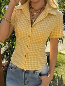 DAZY 女士米黄色格子修身翻领衬衫，夏季假日 - 黃色 - 查看 4