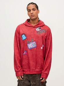 MTV | SHEIN 男士休闲街头印花宽松落肩连帽衫，适合日常通勤，春秋季穿着 - 玫紅色 - 查看 4