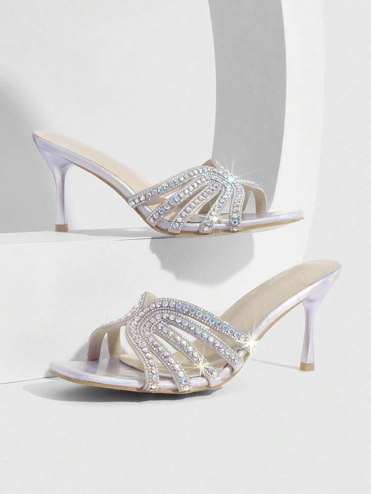 CUCCOO SZL Women's Fashion Square Toe Voltage Upper Rhinestone Decorative Stiletto Party Sandals Prom Heels