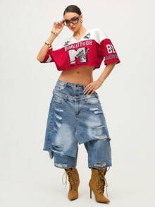 MTV | SHEIN Women's Summer Street Patchwork Mesh Letter Graphic Cropped Drop Shoulder T-Shirt - Red and White - View 6