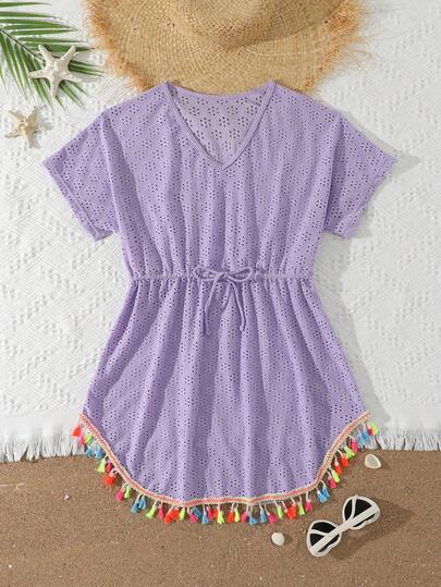 Cubre Vestido de Playa Transparente de Manga Corta con Cuello en V para Adolescentes, con Bordado y Patrón de Quemado, Decorado con Flecos