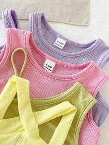 SHEIN Baby Girls' Fashionable Street Style Asymmetrical Camisole Knitted Jacquard Romper, Suitable For Street Wear And Everyday Occasions, Summer - Multicolor - View 3