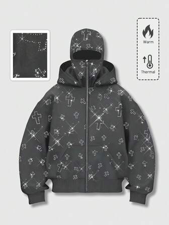 Street Life Sudadera con capucha con bolsillos y adornos de strass con cremallera delantera, sudadera con capucha de moda para hombres