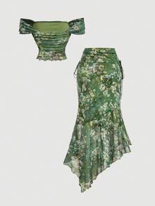 SHEIN MOD 复古绿色油画植物印花网纱两件套，露肩、美人鱼式、不对称下摆设计——完美适用于度假、约会、野餐、派对、舞会和节日庆典 - 綠色 - 查看 2