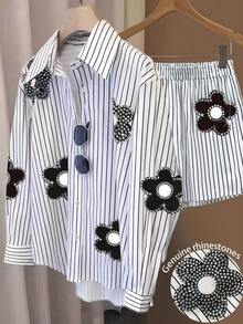 Resyla Women's Striped Rhinestone Decor Shirt And Shorts 2 Piece Set, Casual Minimalist Fashion Outfit - Multicolor - View 2