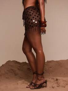 MUSERA Open Knit Sequin Tassel Mini Skirt Cover Up Swim Vacation Holiday Summer Travel Beachwear Terra Sol - Chocolate Brown - View 4