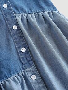 SHEIN LMoss Kids 女童撞色蓝色牛仔宽松衬衫裙 - 淺色水洗藍 - 查看 4