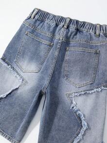 ROMWE MEN Street Life 青少年男孩星形贴片斜插口袋休闲牛仔短裤 - 藍色 - 查看 6